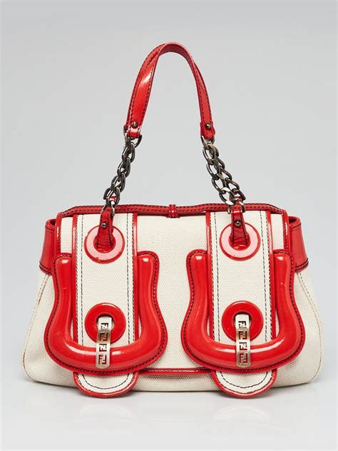 Fendi Beige Canvas and Red Patent Leather B Bag 